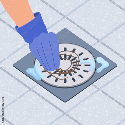 Hand removing hair clump from the shower drain. Hair fall problem and alopecia damage concept. Cleaning tiled floor after washing scalp. Cartoon vector illustration