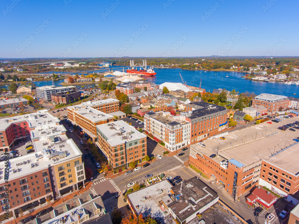Portsmouth historic downtown aerial view at Market Street with historic buildings and Piscataqua River in city of Portsmouth, New Hampshire NH, USA.