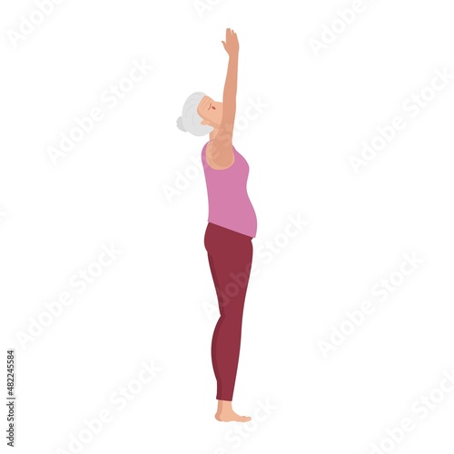 Palm Tree Pose. Senior woman doing yoga. Woman in sportswear doing exercises. Elderly women healthy retirement life style concept. Vector Workout illustration. Urdhva Hastasana in old age.