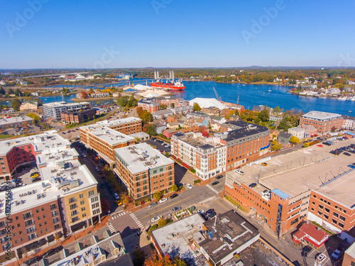 Portsmouth historic downtown aerial view at Market Street with historic buildings and Piscataqua River in city of Portsmouth, New Hampshire NH, USA.