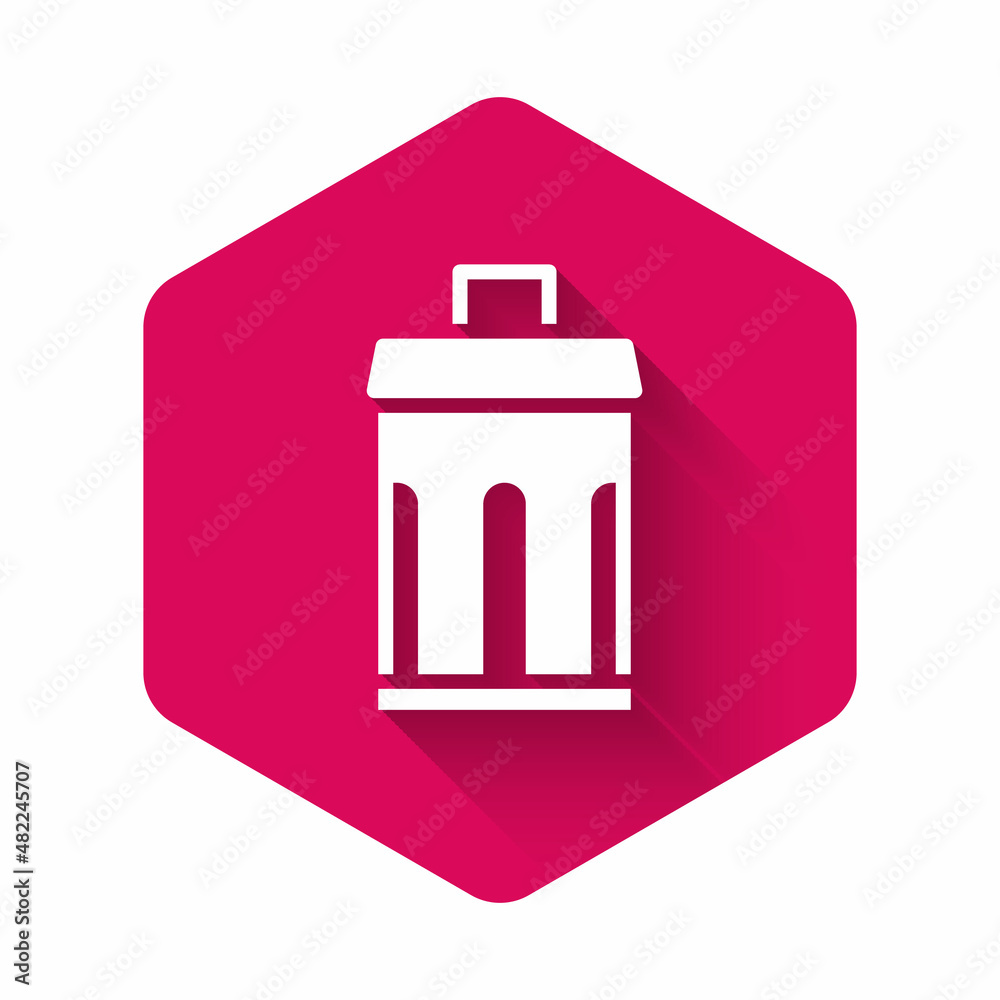 White Trash can icon isolated with long shadow background. Garbage bin sign. Recycle basket icon. Office trash icon. Pink hexagon button. Vector White Trash can icon isolated with long shadow background. Garbage bin sign. Recycle basket icon. Office trash icon. Pink hexagon button. Vector