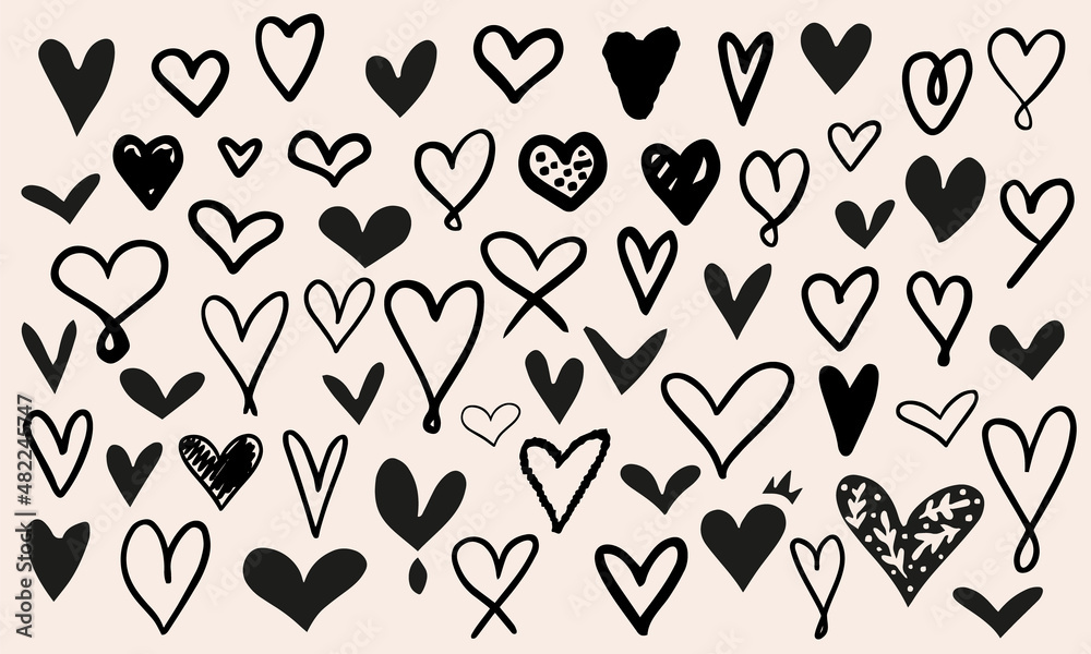 Doodled hearts collection. Different, hand drawn vector love signs seperatly icons in a bundle.