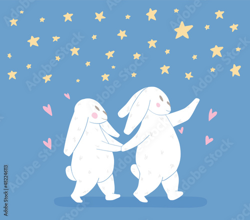 The rabbit gives flowers to the rabbit in the window. Romantic vector illustration for happy valentine's day. Gray rabbit and white bunny girl with a bouquet. Cute couple in love for a postcard.