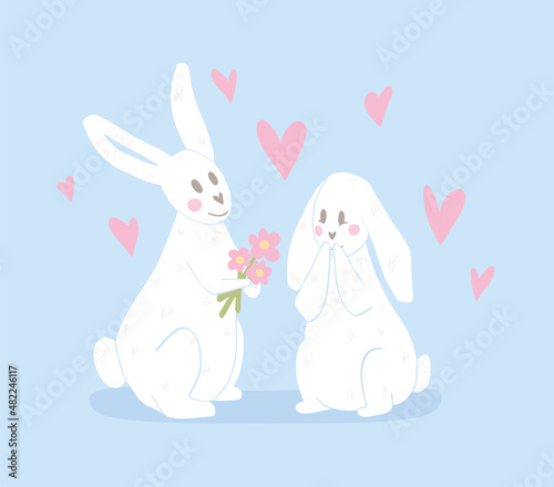 Rabbit boy gives bouquet to rabbit girl. Couple on valentine's day. Cute vector illustration for a love card. Confused Bunny. White bunny on blue background.