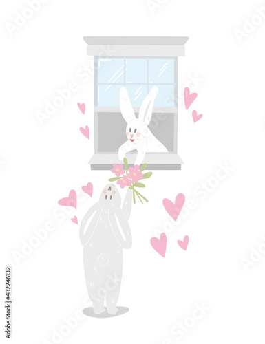 The rabbit gives flowers to the rabbit in the window. Romantic vector illustration for happy valentine's day. Gray rabbit and white bunny girl with a bouquet. Cute couple in love for a postcard. © Дарья Лызова