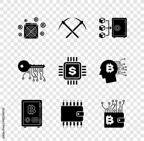 Set ASIC Miner, Crossed pickaxe, Proof of stake, , Cryptocurrency wallet and icon. Vector