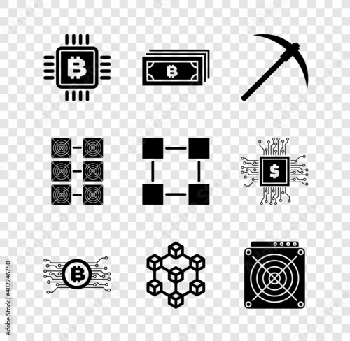 Set CPU mining farm, Cryptocurrency bitcoin, Pickaxe, circuit, Blockchain technology and ASIC Miner icon. Vector
