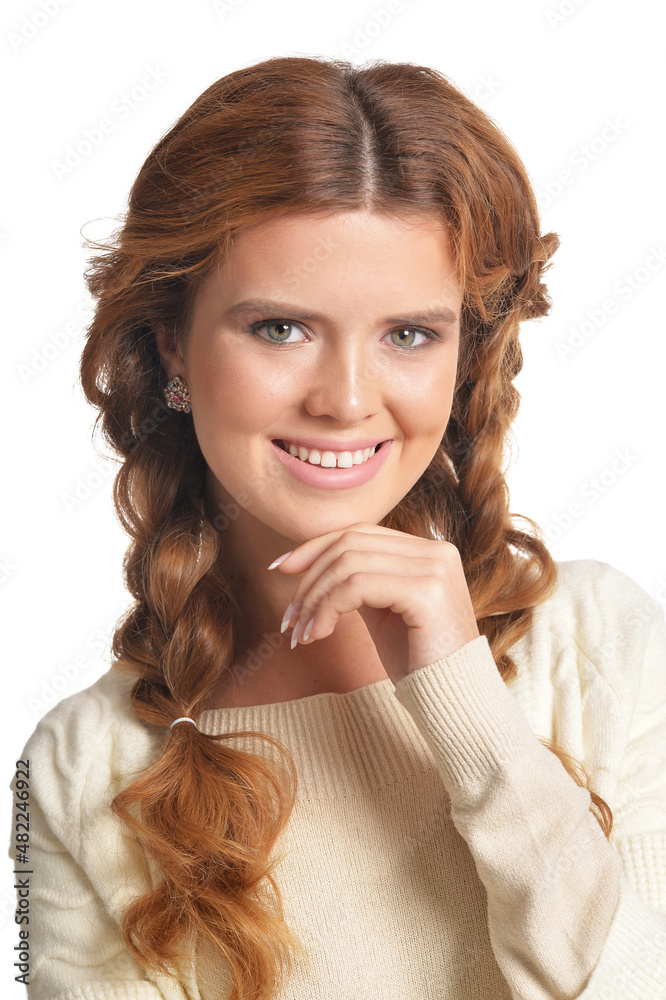 portrait of beautiful woman with braids isolated on white background portrait of beautiful woman with braids isolated on white background