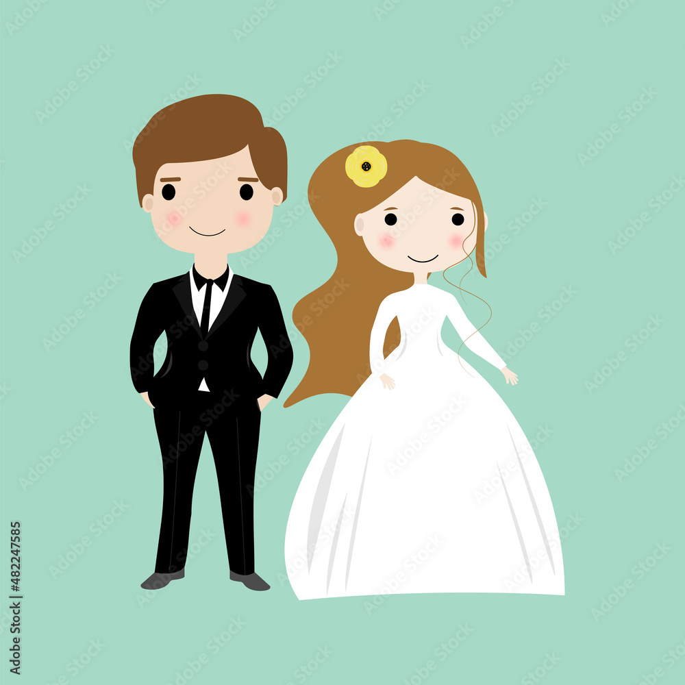 Couple in the wedding day. Bride and groom in beautiful dresses. Bride in white dress and flower in the hair. Smiling newlyweds on the blue background. Wedding invitation card. Couple in the wedding day. Bride and groom in beautiful dresses. Bride in white dress and flower in the hair. Smiling newlyweds on the blue background. Wedding invitation card.