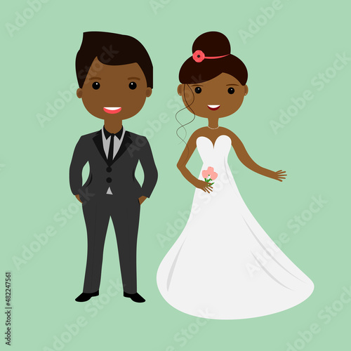 Black bride and groom. Cute bride and groom. Couple in wedding day. A bride holding a bunch of flowers. Black groom. Beautiful black couple. Couple in marriage day.  Black newlyweds.