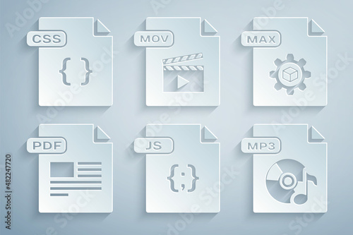 Set JS file document, MAX, PDF, MP3, MOV and CSS icon. Vector