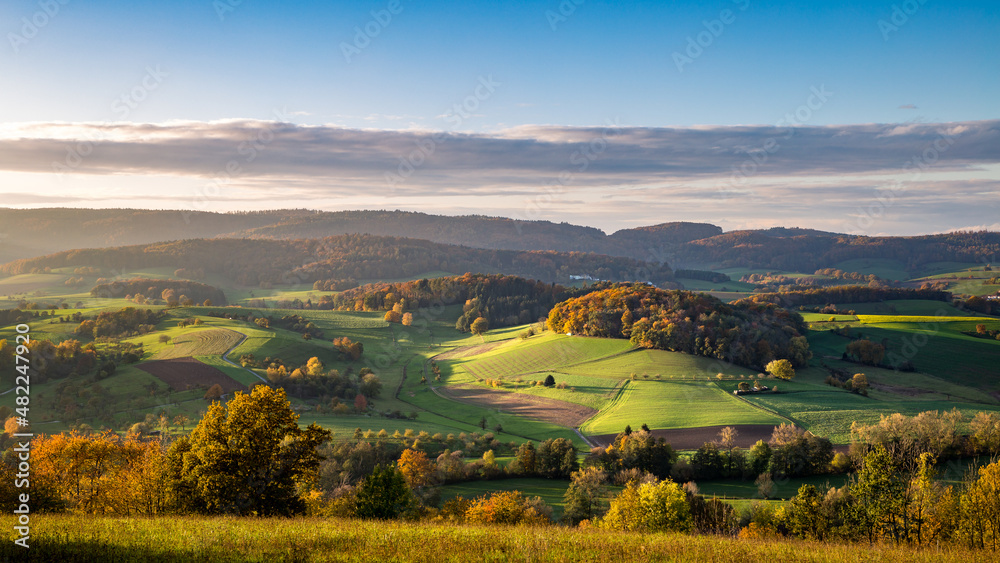 Sunset mood in autumn in Odenwald near Reichelsheim, Germany.