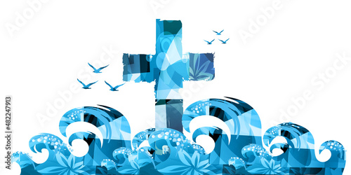 Christian cross isolated with waves and seagulls vector illustration. Religion themed background. Design for Christianity, prayer and care, church service, communion, charity, help and support