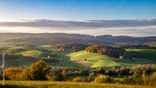 Sunset mood in autumn in Odenwald near Reichelsheim, Germany.