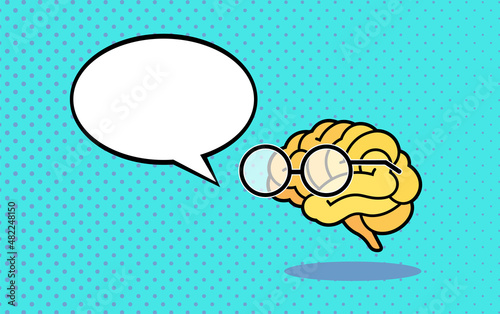 Yellow human brain wearing glasses  cartoony icon with blank speech bubble vector illustration in pop art style on bright green background