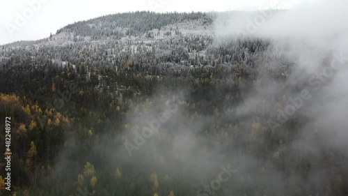 Through the Mist Norwegian Snowy Mountain Range 4k Drone forest line photo