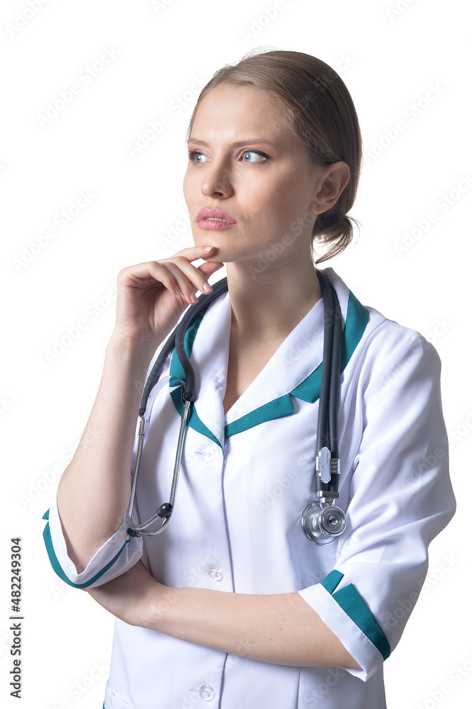 Portrait of female thinking doctor isolated on white background Portrait of female thinking doctor isolated on white background