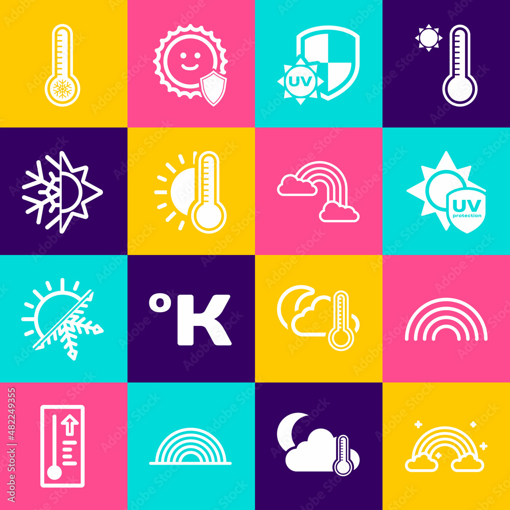 Set Rainbow with clouds, UV protection, Thermometer sun, Sun and snowflake, Meteorology thermometer and icon. Vector Set Rainbow with clouds, UV protection, Thermometer sun, Sun and snowflake, Meteorology thermometer and icon. Vector