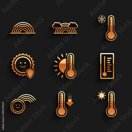 Set Thermometer with sun, Meteorology thermometer, Rainbow, UV protection, and icon. Vector