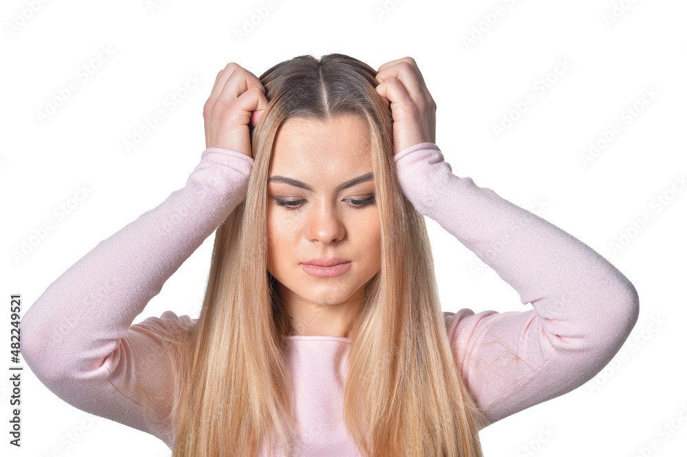 Portrait of beautiful sad woman isolated on white background Portrait of beautiful sad woman isolated on white background