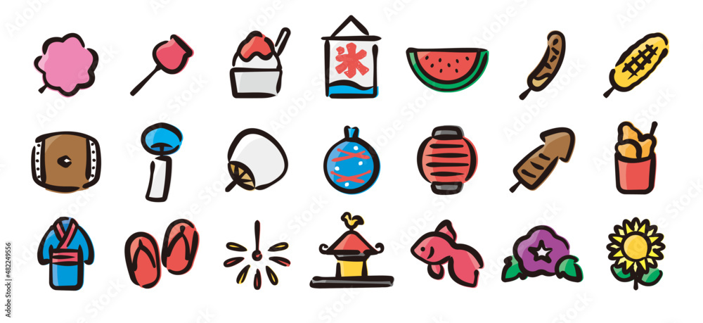 Japanese festival and summer icon set for graphic (Hand-drawn line, colored version) Japanese festival and summer icon set for graphic (Hand-drawn line, colored version)