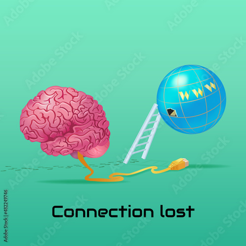 Brainwash Connection lost. The human brain has lost its connection to the World Wide Web. Someone disconnected the Internet cable and left traces. Illustration of brainwashing or mind control.