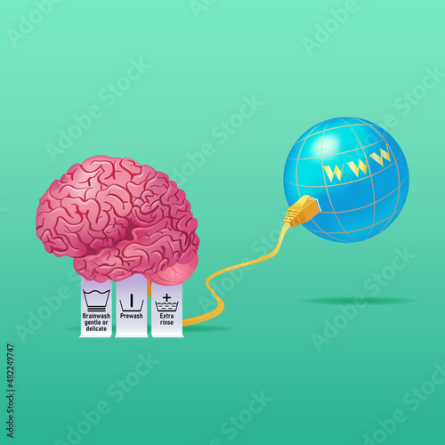 Brainwash care labels. A human brain with care labels connected to the World Wide Web with a cable to download information.  Brainwashing or mind control illustration.