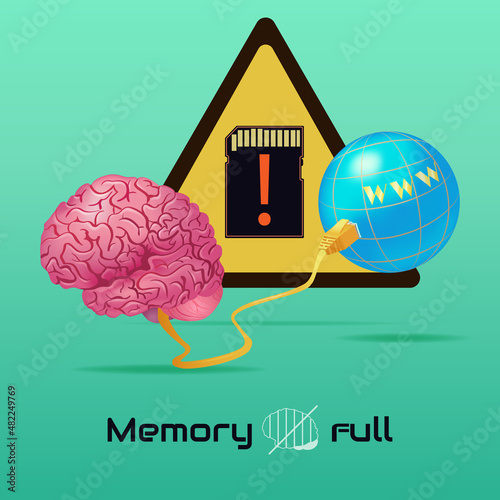 Brainwash Memory full. A human brain with a full memory connected to the World Wide Web by cable. Brainwashing or mind control illustration.