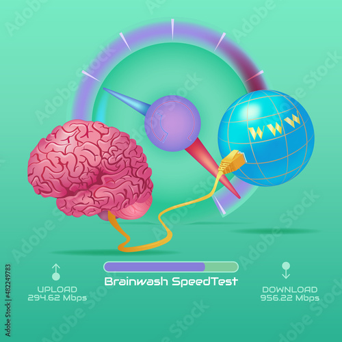 Brainwash SpeedTest. The human brain connected to the World Wide Web with a cable to download information. Brainwashing speed test.