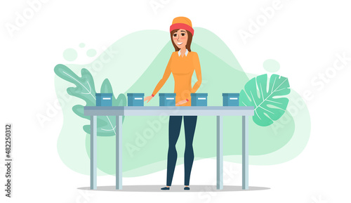 A female character works in a packaged goods factory. A woman sorts boxes running along the conveyor. Concept. Flat vector illustration.