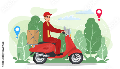 Delivery man on a red scooter. Concept of fast express transportation service. Online order delivery from point to point. Cartoon flat vector illustration isolated on white
