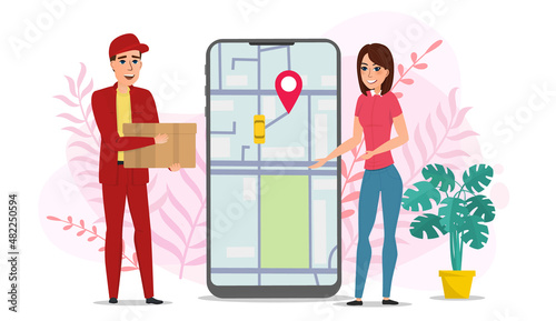 Safe delivery online service concept. A young courier delivers a package to a woman. Delivery to your doorstep. Cartoon flat vector illustration isolated on white.