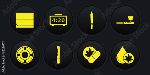 Set Ashtray, Smoking pipe, Marijuana joint, Herbal ecstasy tablets, Digital alarm clock, or cannabis olive oil and Rolling paper icon. Vector