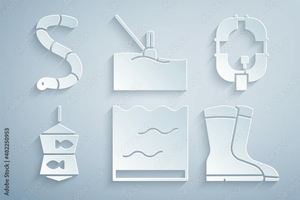 Set Aquarium, Inflatable boat, Fishing net with fish, boots, float water and Worm icon. Vector Set Aquarium, Inflatable boat, Fishing net with fish, boots, float water and Worm icon. Vector