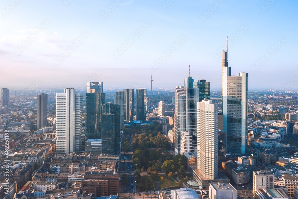 Skyscrapers of Central business district (Bankenviertel). Aerial cityscape of Financial centre in Frankfurt am Main, Germany. 