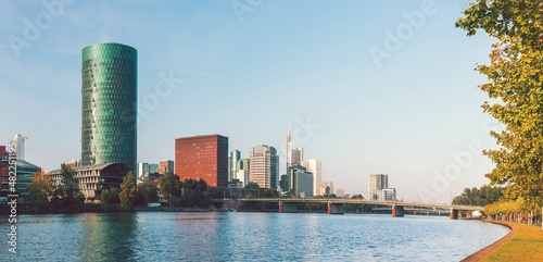 Obraz na płótnie Skyscrapers of Central business district (Bankenviertel) and Gutleutviertel in Frankfurt, Germany. Panoramic cityscape at sunset w salonie