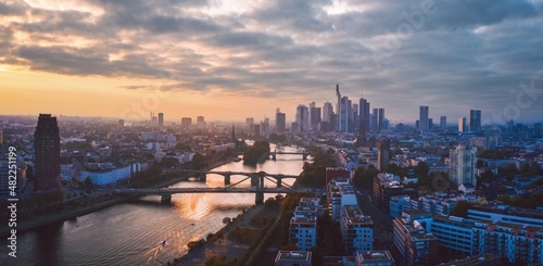 Beautiful skyline in Frankfurt am Main, Germany. Wide panoramic cityscape at sunset. photo