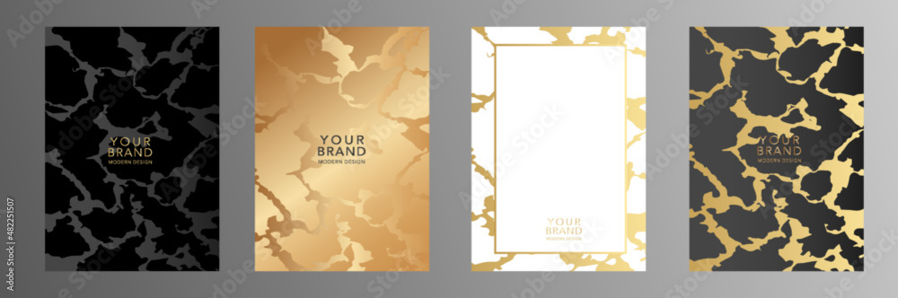 Contemporary cover design set. Elegant fashionable background with abstract marble, fluid, grunge pattern in gold, black color. Premium vector template for elite menu, flyer, vip card, web design.