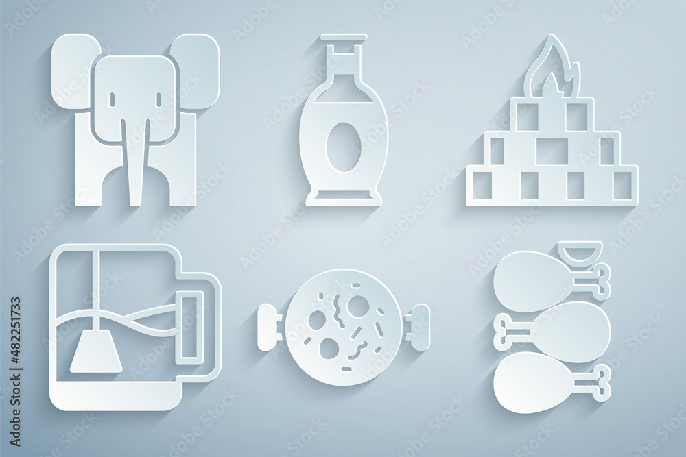 Set Chicken tikka masala, Yagna, Cup of tea with tea bag, Tandoori chicken, Indian vase and Elephant icon. Vector Set Chicken tikka masala, Yagna, Cup of tea with tea bag, Tandoori chicken, Indian vase and Elephant icon. Vector
