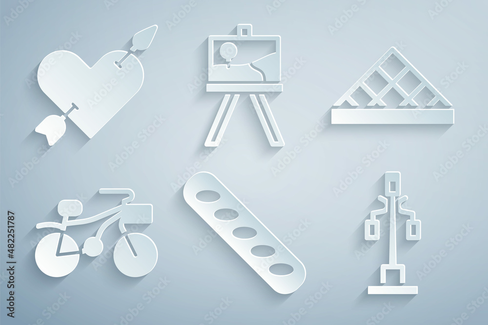 Set French baguette bread, Louvre museum, Bicycle, Street light, Easel or painting art boards and Amour with heart and arrow icon. Vector