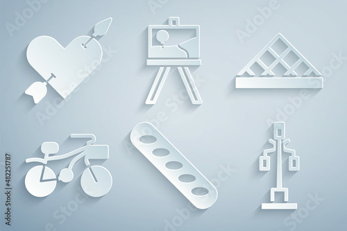Set French baguette bread, Louvre museum, Bicycle, Street light, Easel or painting art boards and Amour with heart and arrow icon. Vector