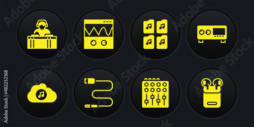 Set Music streaming service, Guitar amplifier, Audio jack, Sound mixer controller, file document, Oscilloscope, Air headphones box and DJ playing music icon. Vector
