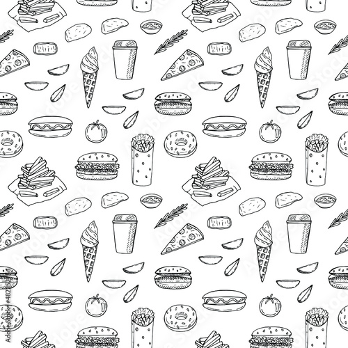 Fast food seamless pattern vector illustration, hand drawing sketch
