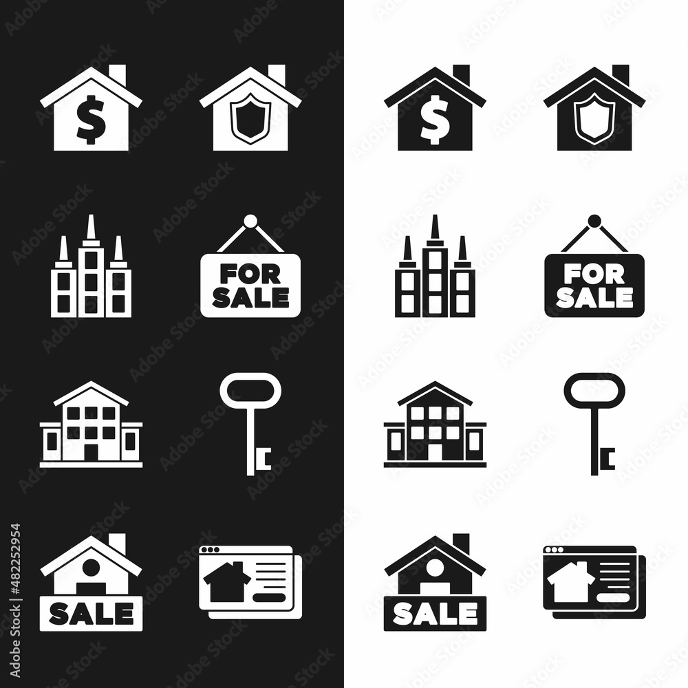 Set Hanging sign with For Sale, Skyscraper, House dollar symbol, shield, key, Online real estate house and icon. Vector