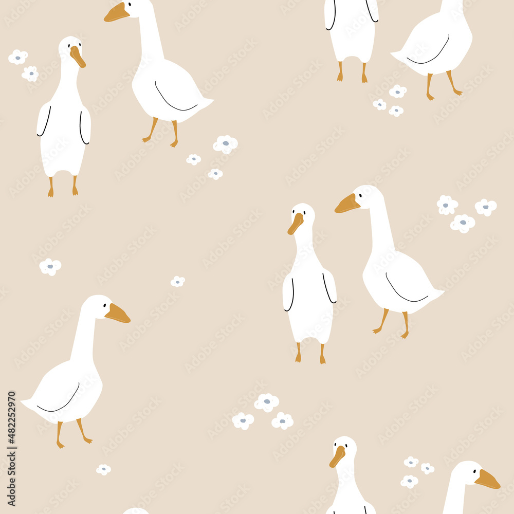 Seamless pattern with cute white gooses. Funny rustic print. Vector hand drawn illustration. Seamless pattern with cute white gooses. Funny rustic print. Vector hand drawn illustration.
