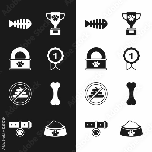 Set Dog award symbol, Canned food, Fish skeleton, Pet, No shit, bone, bowl and Collar with name tag icon. Vector