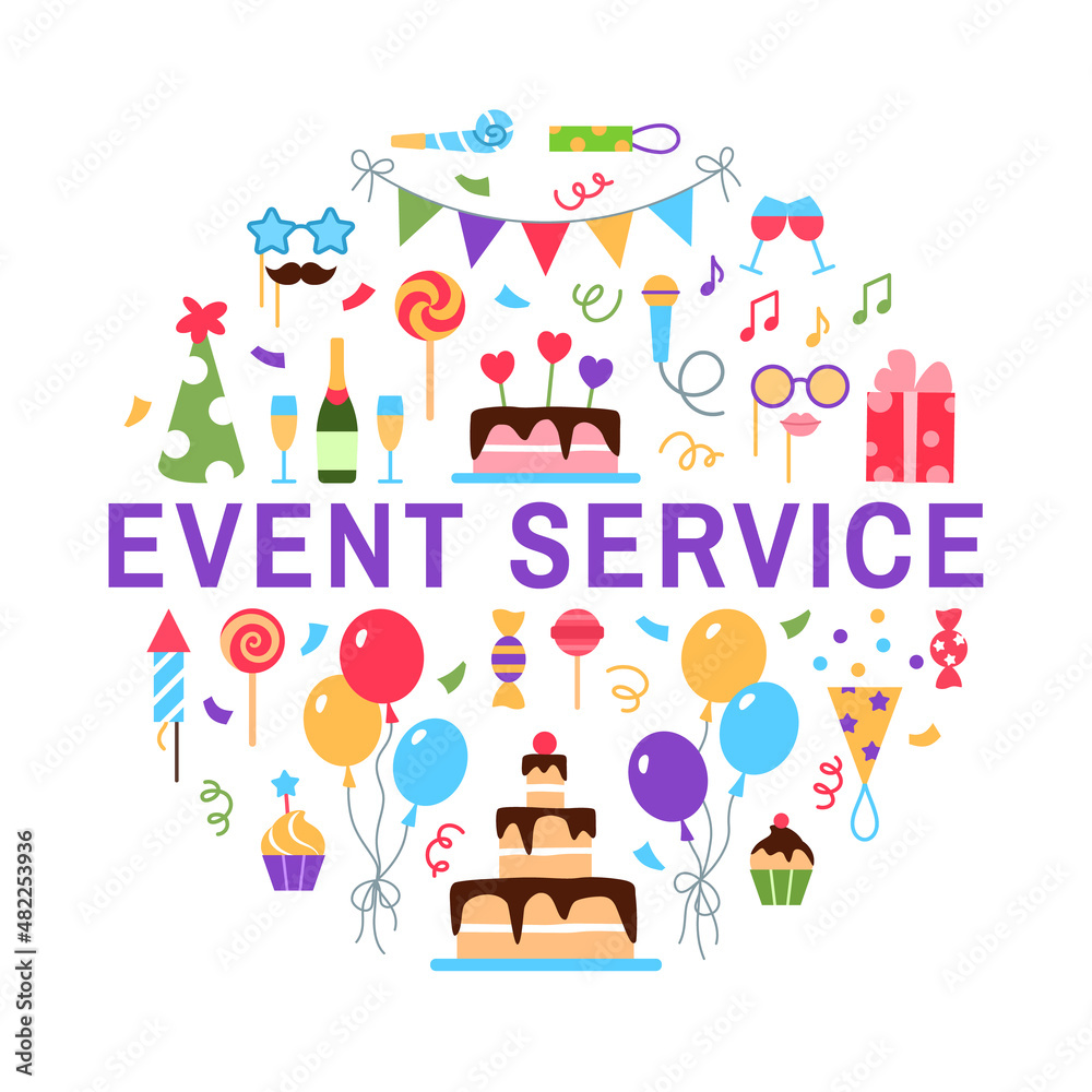 Event service circle concept on white background. Flat holiday management design. Birthday party dinner marriage wedding celebration arrangement business. Beautiful cake balloons vector illustration.