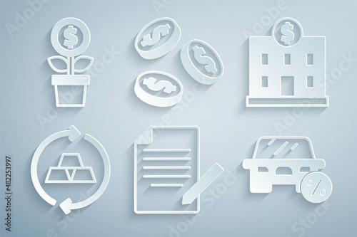 Set Document and pen, Bank building, Gold bars, Car leasing percent, Coin money with dollar and Dollar plant icon. Vector