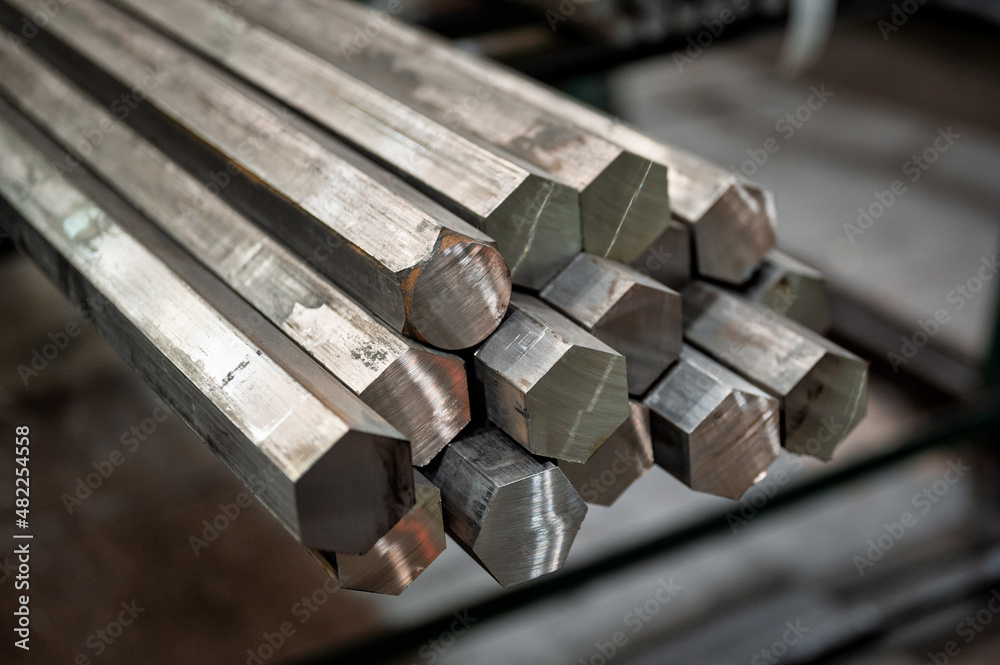 A bundle of hexagonal metal bars, steel mill products A bundle of hexagonal metal bars, steel mill products