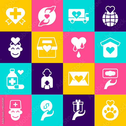 Set Heart with animals footprint, Donation and charity, Shelter for homeless, Humanitarian truck, Volunteer, cross and Blood donation icon. Vector